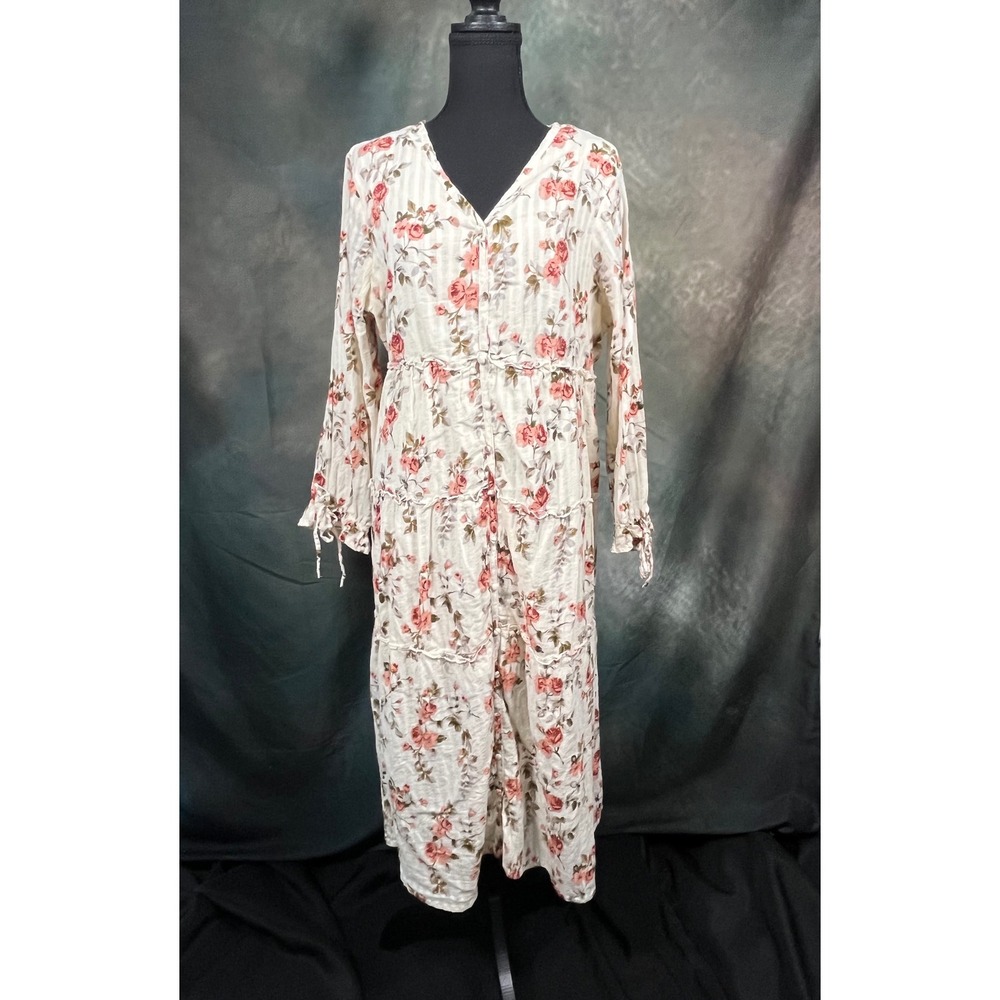 Studio West Apparel Floral Tiered Cotton Midi Dress XXL Cream Pink Rose V-Neck